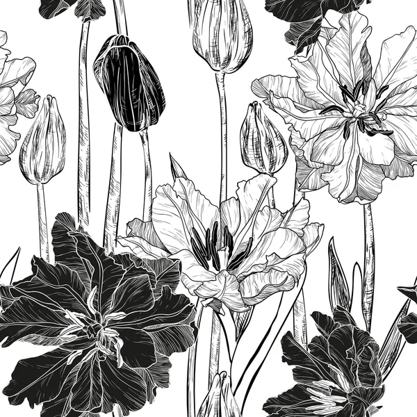 与春天的郁金香花朵 (黑色和 whi 矢量无缝模式 — 图库矢量图片