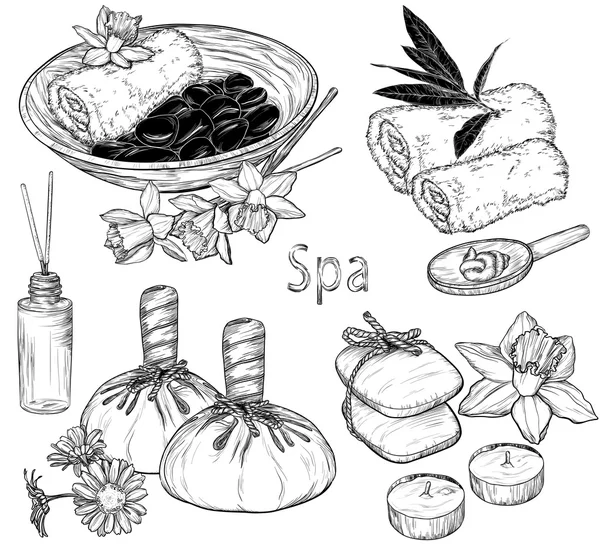 Serie di illustrazioni spa, schizzo di bellezza e assistenza sanitaria — Vettoriale Stock
