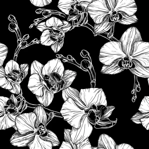 Patrón inconsútil blanco y negro con flor de orquídea de dibujo a mano — Archivo Imágenes Vectoriales