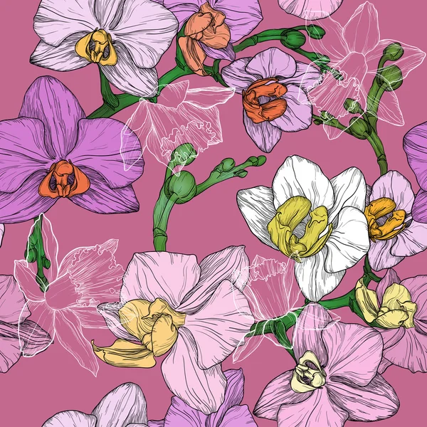 シームレスな手描熱帯花のパターン — ストックベクタ