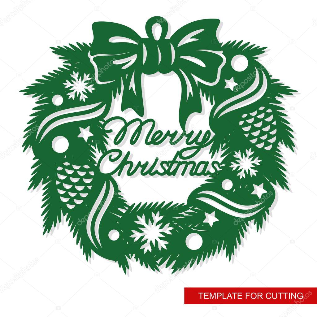 Silhouette of a Christmas wreath made of fir branches, ribbons, cones, stars, balls, snowflakes and a bow. Hanging decoration with the inscription - Merry Christmas. Vector template for laser cutting