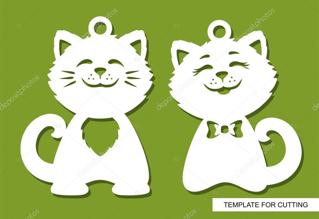 Two pendants with a pair of cute kittens - a boy and a girl. Smiling funny cartoon characters. Template for laser plotter cutting (cnc) of paper, plastic, metal, plywood or wood. Vector illustration.