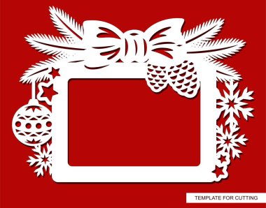 Dikdörtgen Noel fotoğrafı çerçevesi. Köknar dalları, koniler, yay, top, yıldızlar, kar taneleri ile süslenmiş. Çizici lazer kağıt, plastik, kontrplak, ahşap oyma, metal oyma için vektör düzeni.