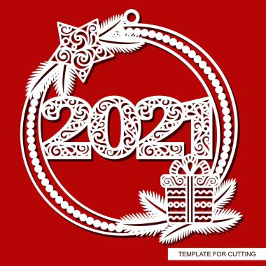 Yuvarlak çerçeveli Noel ağacı dalları, hediye, yıldız. Yılbaşı balosunda yeni yıl numaralarıyla takılıyorum - 2021. Lazer kesim şablonu (cnc), tahta oyması, kağıt kesimi veya yazdırma. Vektör illüstrasyonu. 