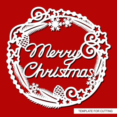 Festive round frame with text Merry Christmas. Decoration of fir branches, cones, stars, garland, snowflakes. Vector template for plotter laser cutting (cnc) of paper, cardboard, plywood, wood carving