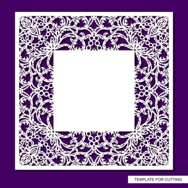 Square frame with place for text. Card, wedding invitation blank, certificate. Openwork lace pattern, floral ornament. Template for plotter laser cutting of paper, cardboard, plywood, wood carving. clipart