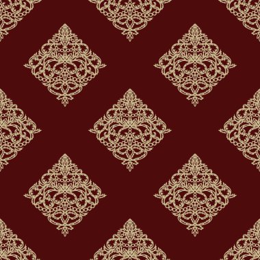 Altın klasik desenli kestane rengi pürüzsüz arka plan. Zarif çiçek süsü eşkenar dörtgen şeklinde kare sonsuz doku. Duvar kağıdı, tekstil, ağ, ambalaj kağıdı şablonu. Vektör illüstrasyonu.
