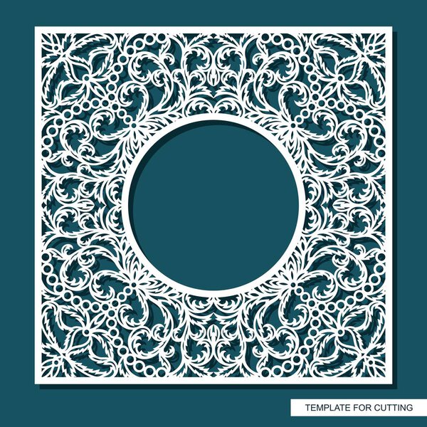 Square frame with a round hole. Openwork lace pattern, oriental floral ornament of leaves, curls. Template for plotter laser cutting (cnc) of paper, cardboard, plywood, wood carving, metal engraving.