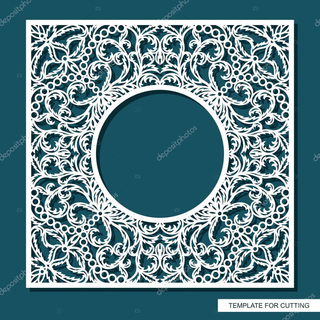 Square frame with a round hole. Openwork lace pattern, oriental floral ornament of leaves, curls. Template for plotter laser cutting (cnc) of paper, cardboard, plywood, wood carving, metal engraving.