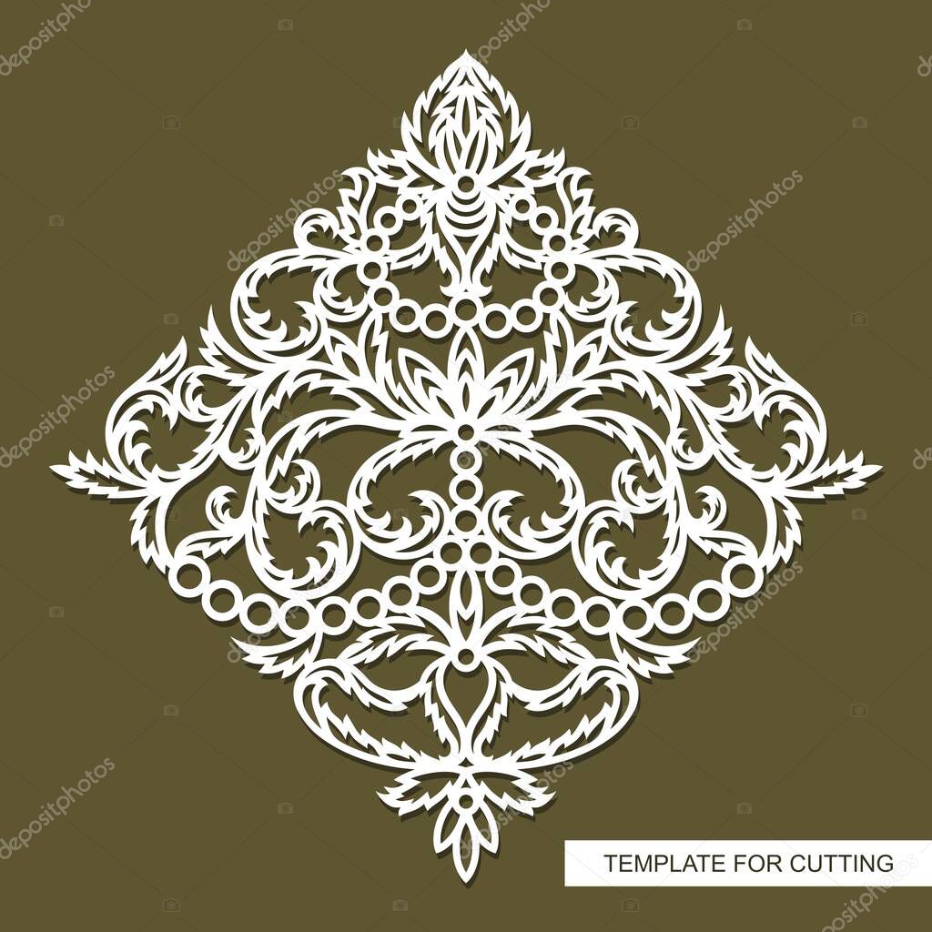 Element with floral ornaments. An ornate pattern of leaves, rings and flowers. The shape is a square rhombus. Isolated white object on brown background. Vector template for plotter laser cutting.