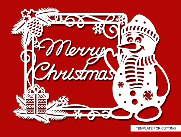 装饰框架与一个有趣的雪人和文字圣诞快乐 正方形的边界装饰着圣诞树树枝 礼品盒 蛇形卷发 激光切割的布局 — 图库矢量图片