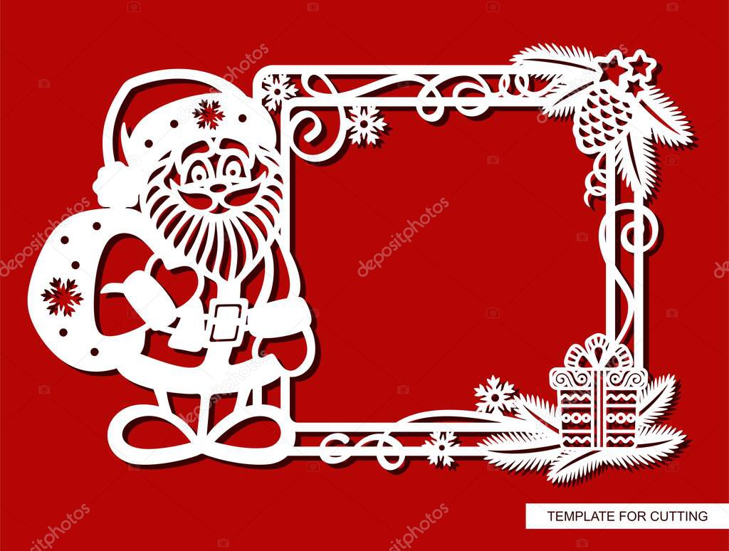 Funny Christmas frame with cartoon Santa Claus. Square border with fir branches, pine cone, serpentine, gift, snowflakes. New Year theme. Vector template for laser cutting paper, wood carving, metal.