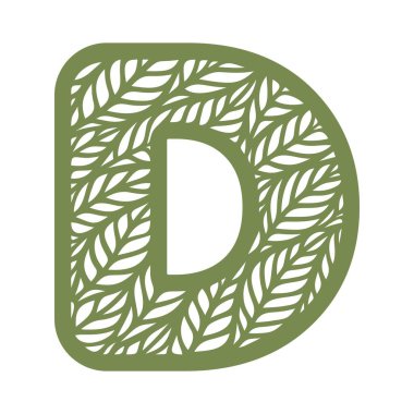 Yaprak desenli D harfi. Beyaz arka planda yeşil bir nesne. Bitki teması. Botanik logo, işaret, doğal ürünler için ikon, ekolojik ürünler. Yaz ya da bahar alfabesi, yazı tipi. Vektör illüstrasyonu