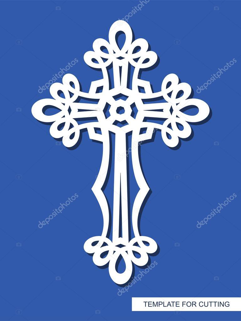 Cross with curly ornament. Decorative religious element for Easter, Christening. Template for plotter laser cutting (cnc), wood carving, paper cut, metal engraving or printing. Vector illustration.