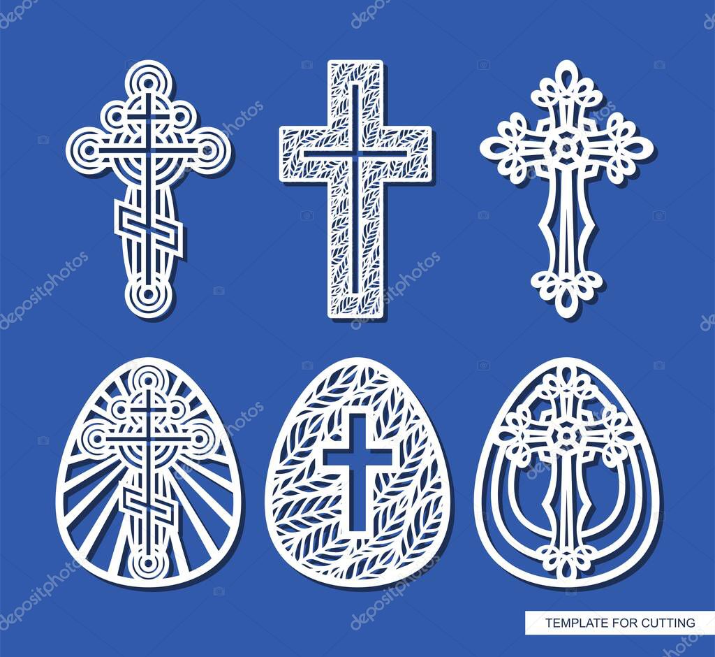 Set of crosses and Easter eggs. Decorative elements of religious themes. Template for plotter laser cutting (cnc), wood carving, paper cut, metal engraving or printing. Vector illustration.