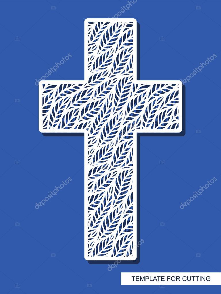 Cross with leaves ornament. Decorative religious element for Easter, Christening. Template for plotter laser cutting (cnc), wood carving, paper cut, metal engraving or printing. Vector illustration.