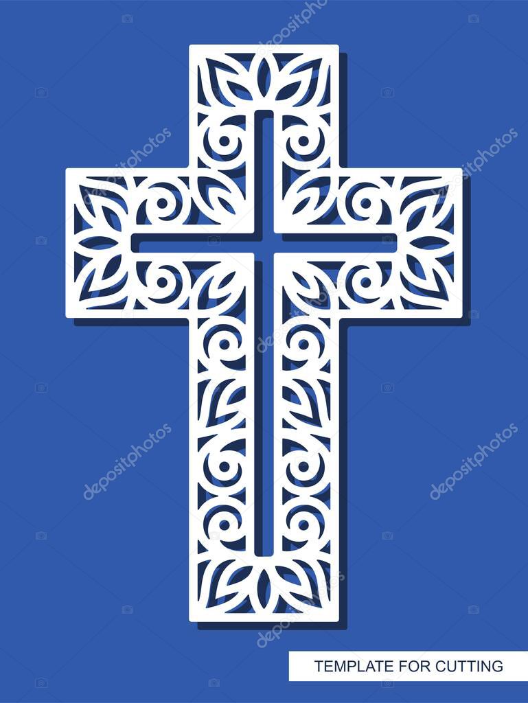 Cross with curly ornament. Decorative religious element for Easter, Christening. Template for plotter laser cutting (cnc), wood carving, paper cut, metal engraving or printing. Vector illustration.