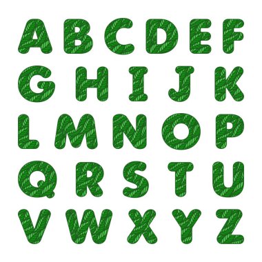 Taze yeşil yapraklardan yapılmış yazı tipi. İngiliz alfabesinin bahar ya da yaz harfleri. Doğanın teması, ekoloji, organikler. Vektör illüstrasyonu.