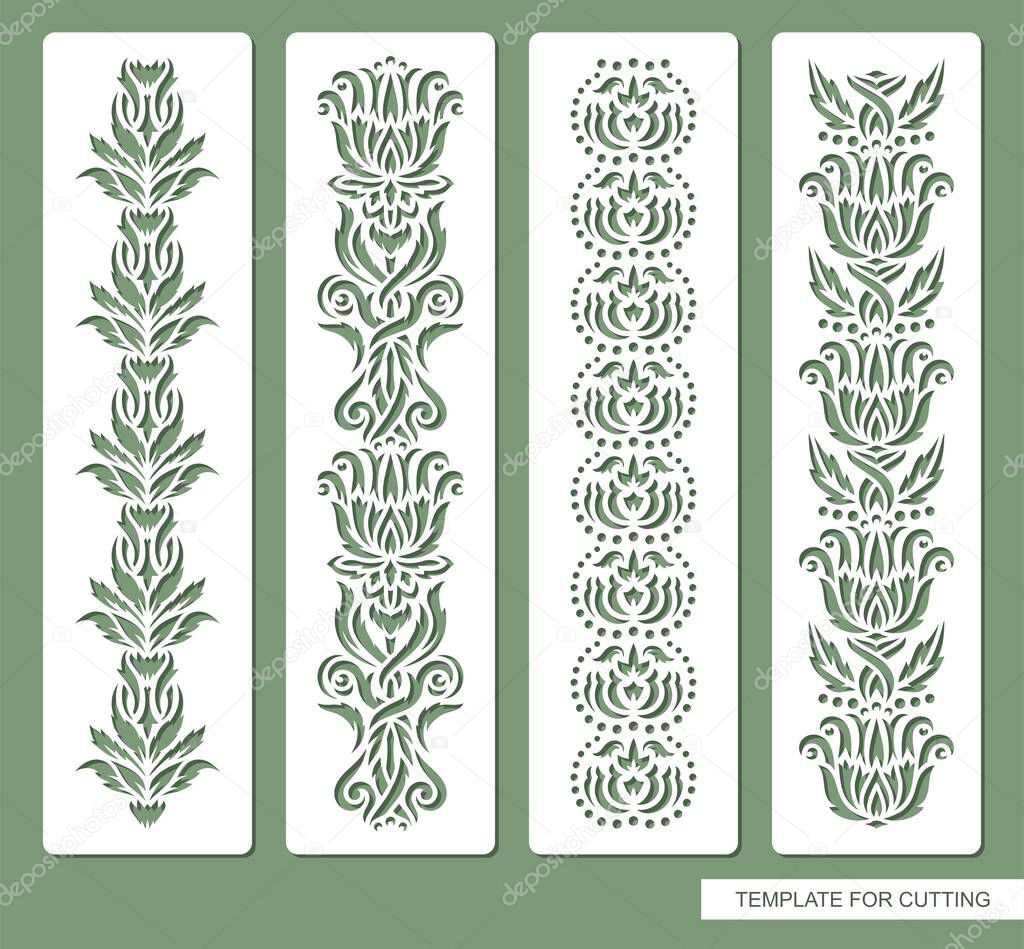 Set of decorative seamless borders with floral patterns. Repeating pattern of leaves, flowers, dots. Luxurious vintage style. Natural theme. Vector template for plotter laser cutting (cnc) of paper.