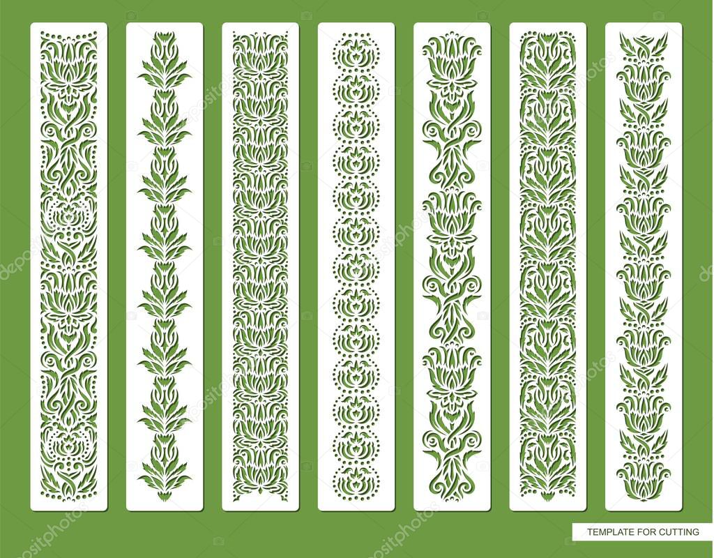 Set of decorative seamless borders with floral patterns. Repeating pattern of leaves, flowers, dots. Luxurious vintage style. Natural theme. Vector template for plotter laser cutting (cnc) of paper.