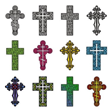 Dekoratif haçlar seti. Bukleler, halkalar, yaprak desenleri, bitki unsurları. Dini tema. Paskalya, Noel sembolü. Beyaz arkaplanda siyah çizgili çok renkli nesneler