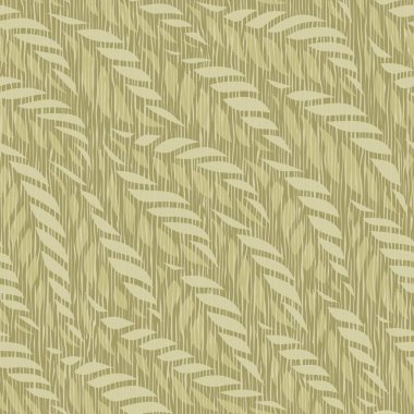 Kusursuz çiçek deseni. Açık gri-kahverengi, bej yapraklar, dallar, çizgili arka planda çimenler. Duvar kâğıdı, kumaş, tekstil, yastık için kare tekerrür dokusu. Bitki teması. Vektör illüstrasyonu.