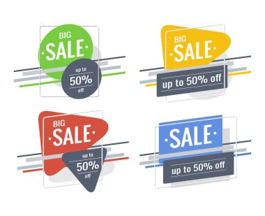 İndirim afişi hazır. Big Sale 'e mesaj at,% 50 indirimli. Parlak yeşil, sarı, kırmızı, mavi renkler. Dikdörtgenler, üçgenler, daireler, beyaz arkaplanda çizgiler. Özel teklif, promosyon, reklam tasarımı.