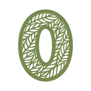 Yaprak desenli 0 (0) sayısı. Çiçekli süslemeli bahar ya da yaz yazı yazı tipi. Eko işareti, logo ve simge için dekoratif unsur. Beyaz arka planda yeşil bir rakam. Düz stil. Vektör illüstrasyonu.