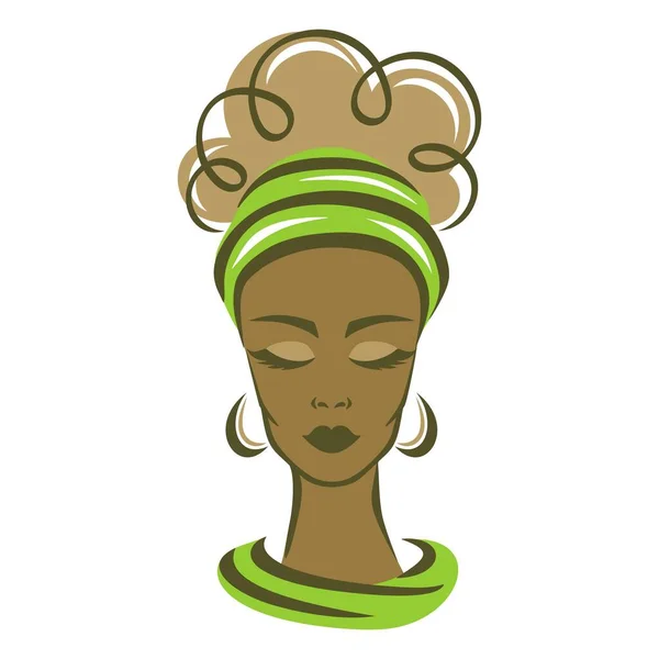 Beautiful Woman Dark Skin Green Headband Thick Curled Hair Closed — Stock Vector