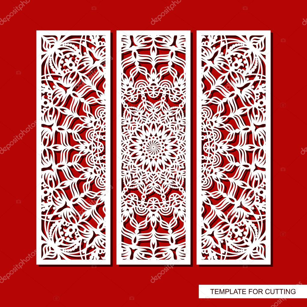 Decorative panel with a mandala. Openwork panel of three rectangular parts. Abstract pattern, carved decoration, magic circle. Vector layout for printing or plotter laser cutting of metal, paper, wood