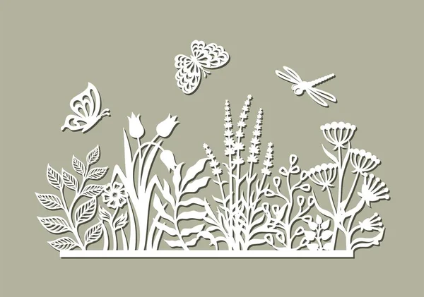Dekorative Platte Mit Blumen Sommerwiese Mit Gras Blättern Knospen Kräutern — Stockvektor
