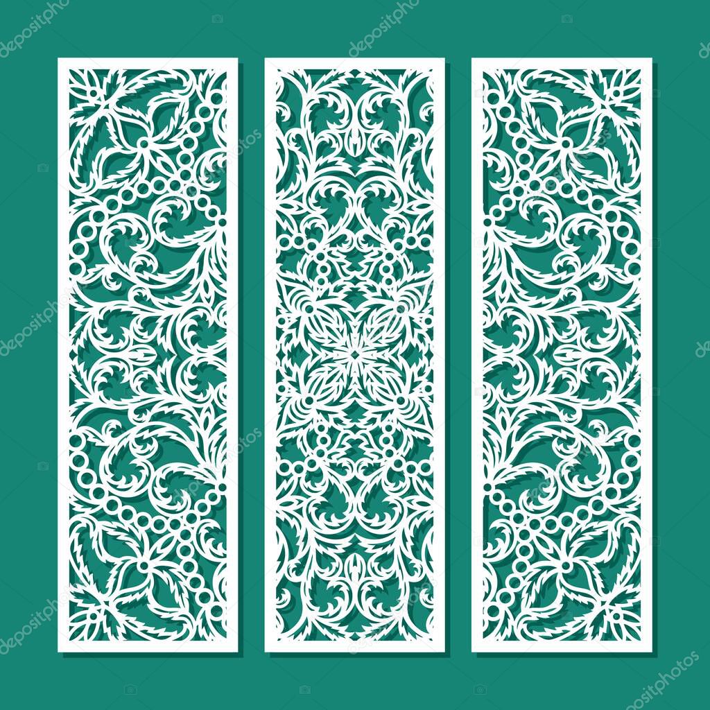 Set of decorative panels with a carved pattern. Openwork floral ornament, leaves, oriental motive. Three rectangular frames. Vector layout for printing or plotter laser cutting of metal, paper, wood.