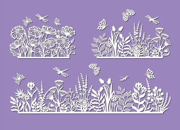 Set Von Silhouetten Einer Blumenwiese Blumenbeet Feld Garten Mit Kräutern — Stockvektor