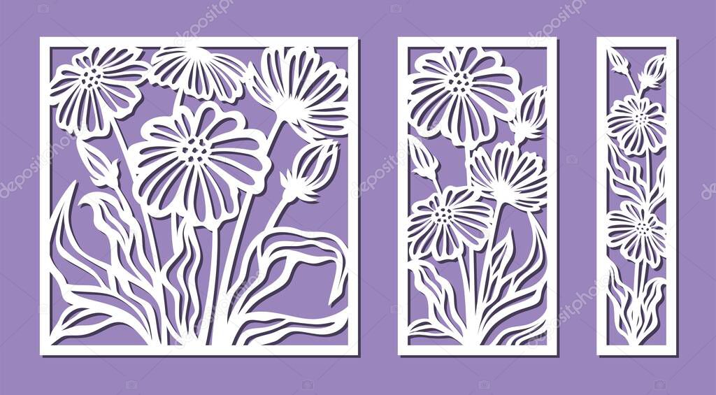 Set of decorative panels with a floral pattern. Square, rectangular frames with chamomile flowers, poppies. Vector template for plotter laser cutting of paper, metal engraving, wood carving, plywood.