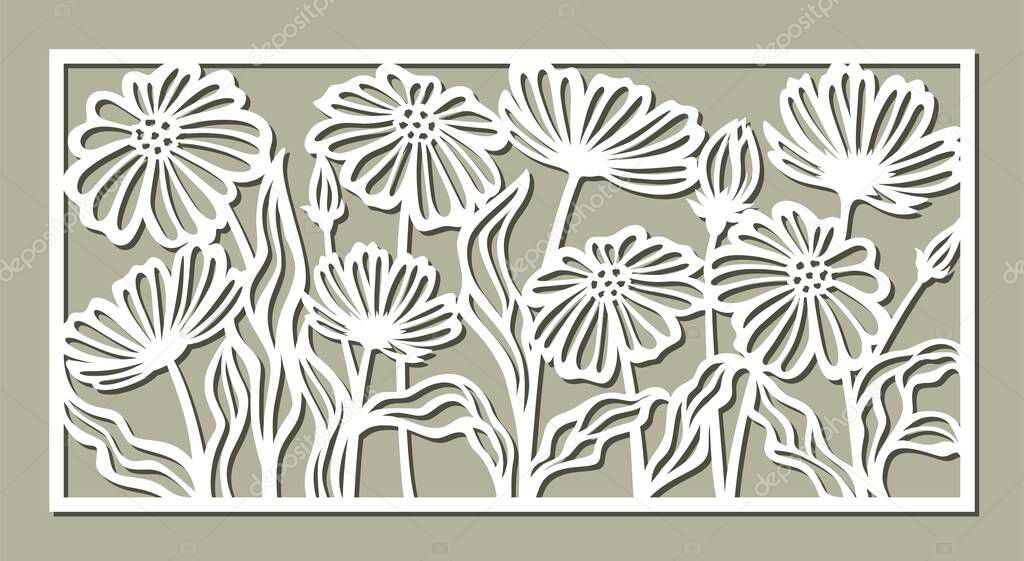 Decorative panel with a floral pattern. Rectangular frame with chamomile flowers, daisies, poppies, leaves. Vector template for plotter laser cutting of paper, metal engraving, wood carving, plywood.