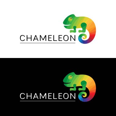 Logo renkli bukalemun. Simge, işaret, parlak sürüngen markası ve siyah beyaz arka planda bukalemun kelimesi. Yeşil, sarı, mavi, kırmızı, turuncu renkler. Vektör illüstrasyonu.