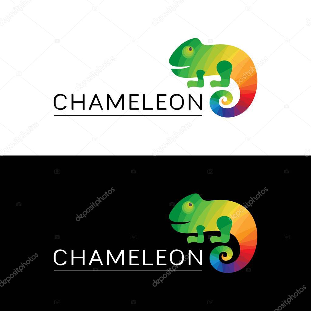 Logo multicolored chameleon. Icon, sign, trademark with a bright reptile and the word chameleon on a black and white background. Green, yellow, blue, red, orange colors. Vector illustration.