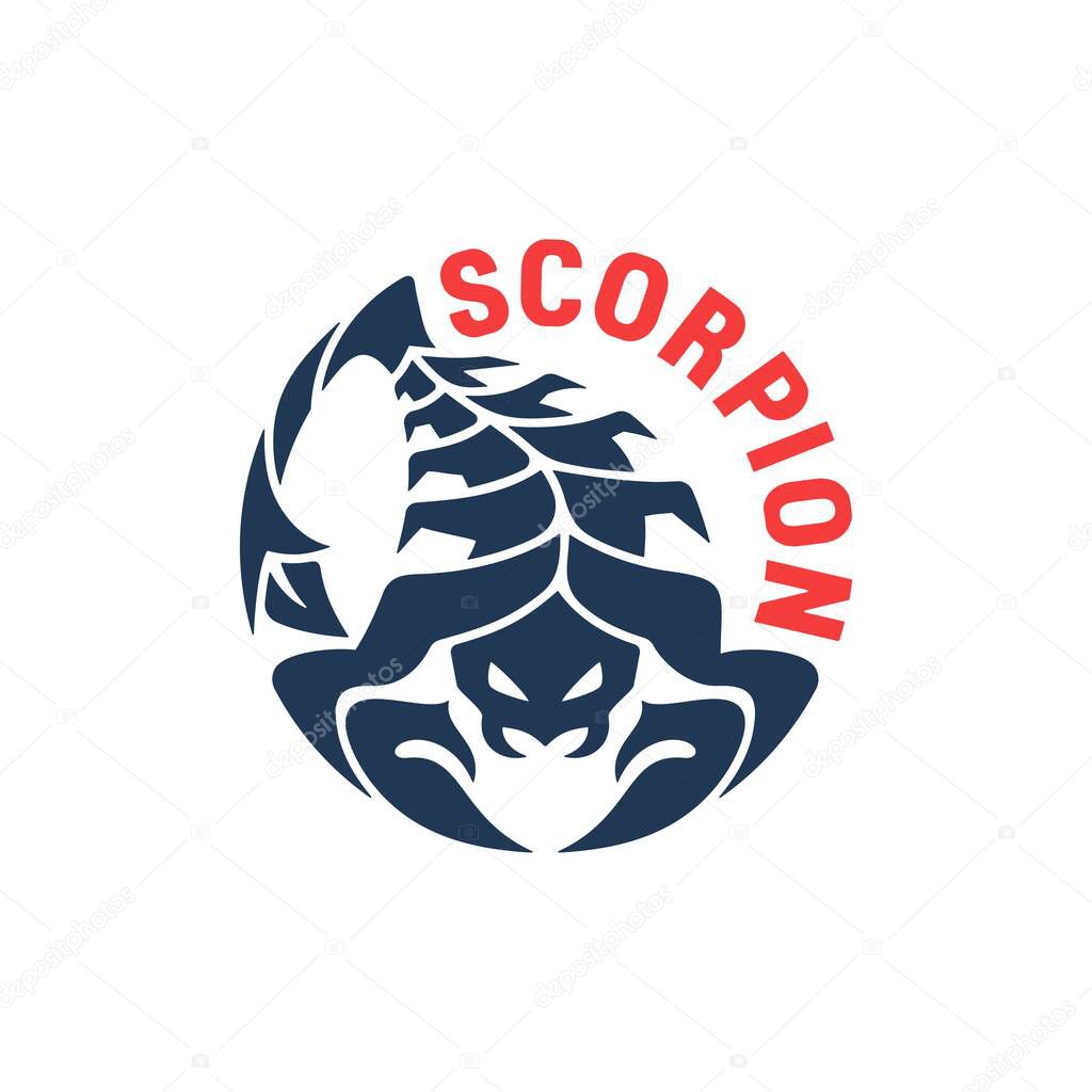 Round scorpion logo. Sign, icon or emblem of a company, sports team, business. Dark blue brutal character and red inscription on a white background. Vector illustration.