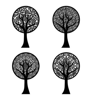 Soyut şekillendirilmiş dört ağaç seti. Kar taneleri, yapraklar, desenler, dantel süslemeler. Mevsimleri sembolize eder - bahar, yaz, kış, sonbahar. Beyaz arkaplanda siyah siluetler izole edildi.