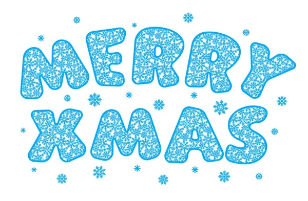 Texto Feliz Natal Cartas Engraçadas Azuis Flocos Neve Isolados Fundo — Vetor de Stock