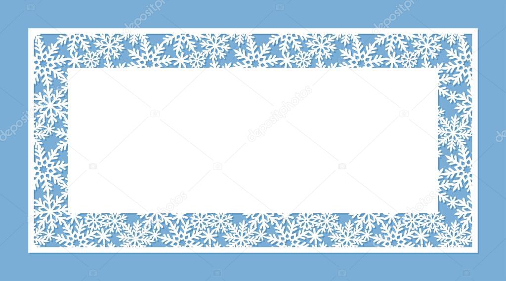 Winter Christmas banner. Rectangular shape, lace border of snowflakes. Copy space for text. Template for plotter laser cutting of paper, cnc. White object on a blue background. New Year vector image.