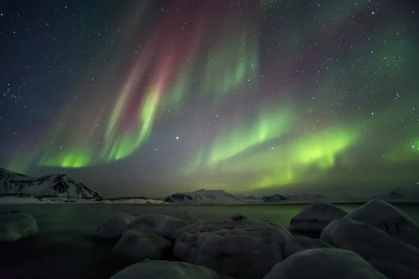 Typische arktische Winterlandschaft mit Nordlichtern - Spitzbergen — Stockfoto