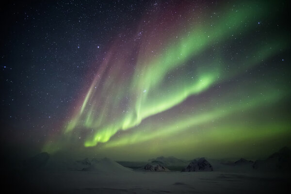 Aurora Borealis over the frozen Arctic fjord