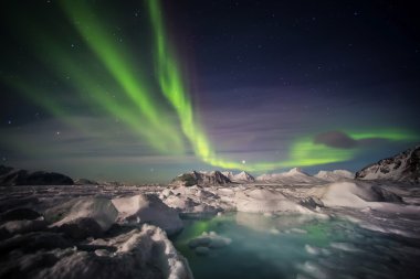 Olağandışı kutup kış manzara - fiyort ve Kuzey ışıkları dondurulmuş