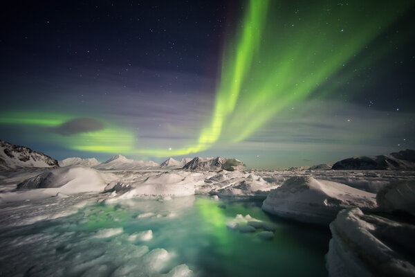 Typical Arctic winter landscape - Northern Lights over the frozen fjord