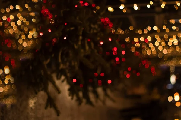 Textura Navideña Luces Oscuridad Árbol Navidad Luces Borrosas Guirnaldas Por —  Fotos de Stock