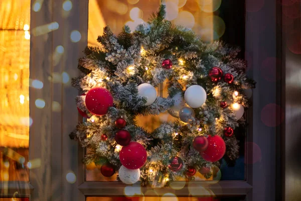 Christmas Wreath Made Fir Branches Balls Red White Golden Color — Stock Photo, Image