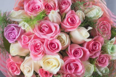 Büyük bir buket beyaz ve pembe gül. Makro. Yıldönümü için zarif bir buket gül, Sevgililer Günü, Anneler Günü, nişan, düğün.