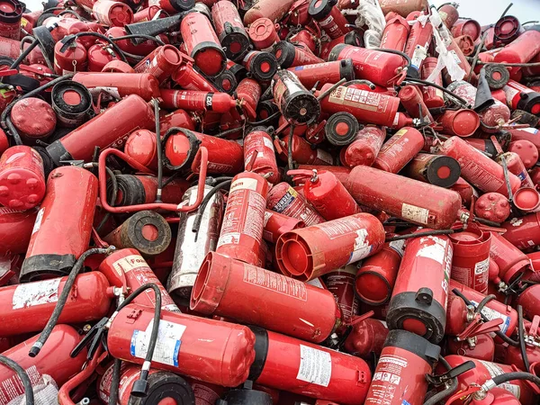 Old Fire Extinguishers Collected Recycling Disposal Used Powder Foam Fire — Stock Photo, Image