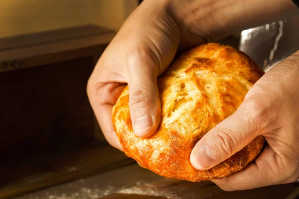 Bir insanın elinde etle doldurulmuş doğulu bir ekmek. Pita bir adamın ellerinde etle doldurulmuş. Aşçının elleri Hintli naanı kırar. Khachapuri, kubdari, etli lobiani. Türk kekleri bir erkek tarafından kırılır.